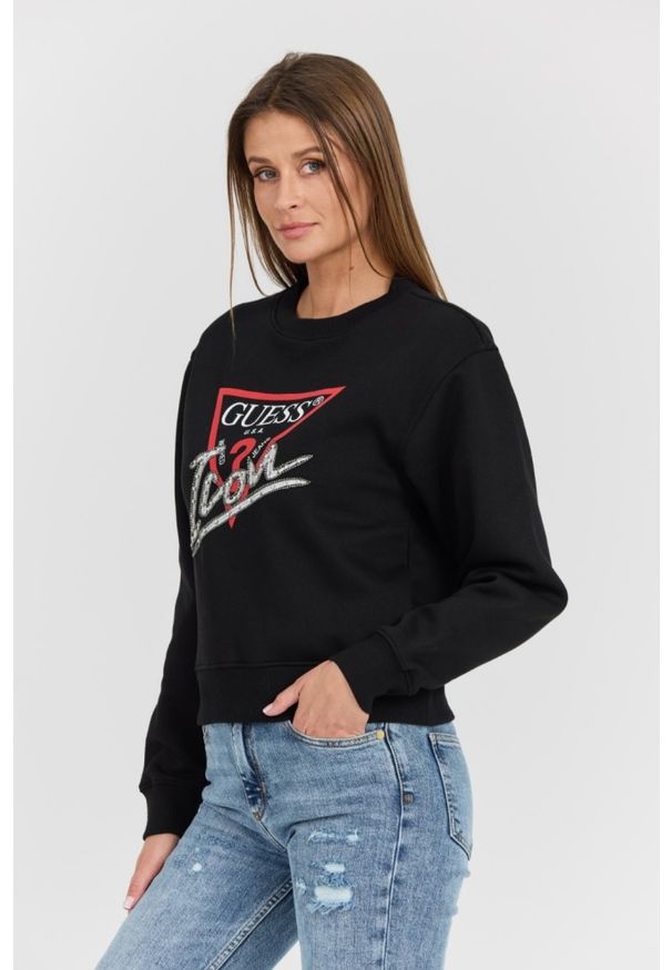 Guess - GUESS Czarna damska bluza Icon z dużym logo, Rozmiar L. Okazja: na co dzień. Kolor: czarny. Materiał: poliester, bawełna, materiał. Długość rękawa: długi rękaw. Długość: długie. Styl: casual