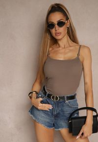 Renee - Beżowy Top z Regulowanymi Ramiączkami Devirin. Okazja: na co dzień. Kolor: beżowy. Materiał: jeans, materiał. Długość rękawa: na ramiączkach. Styl: elegancki, casual #3