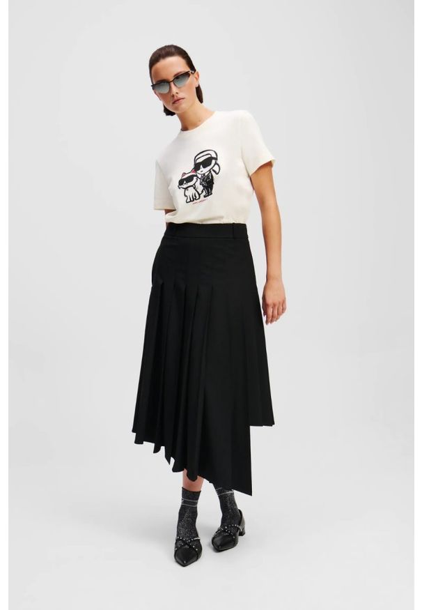 Karl Lagerfeld - KARL LAGERFELD Beżowy damski t-shirt Ikon Sketch Duo. Kolor: beżowy. Materiał: materiał. Wzór: nadruk