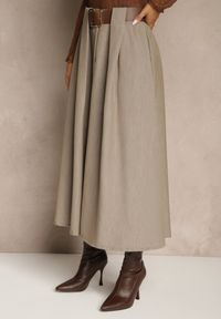 Renee - Beżowa Spódnica z Wiskozą o Rozkloszowanym Kroju z Paskiem z Klamrą Tiavela. Okazja: na co dzień. Kolor: beżowy. Materiał: wiskoza. Styl: elegancki, casual #3