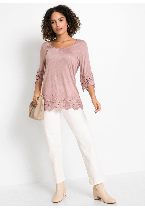 bonprix - Shirt z koronką. Kolor: różowy. Materiał: koronka. Wzór: koronka. Sezon: lato