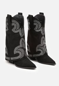 Born2be - Czarne Botki Kowbojki na Obcasie z Wywiniętą Nogawką Ozdobione Cyrkoniami Eviora. Okazja: do pracy. Kolor: czarny. Materiał: jeans. Wzór: aplikacja. Obcas: na obcasie. Styl: klasyczny, elegancki. Wysokość obcasa: średni #3