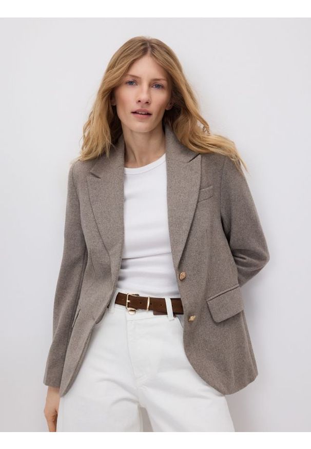 Reserved - Jednorzędowa marynarka z wełną - beżowy. Kolor: beżowy. Materiał: wełna