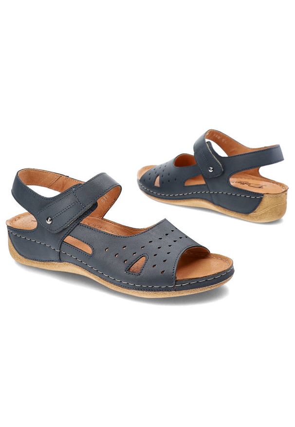 Granatowe Sandały Pollonus Damskie Skórzane Obuwie. Okazja: na spacer, na co dzień. Zapięcie: rzepy. Kolor: niebieski. Materiał: skóra. Wzór: ażurowy. Sezon: lato. Styl: elegancki, casual