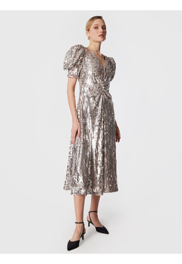 ROTATE Sukienka koktajlowa Sequin Maxi RT2255 Srebrny Regular Fit. Kolor: srebrny. Materiał: syntetyk. Styl: wizytowy. Długość: maxi