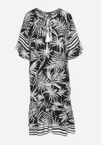 Born2be - Czarna Sukienka o Pudełkowym Kroju z Wiązaniem przy Dekolcie w Roślinny Wzór Mirionela. Kolor: czarny. Długość rękawa: krótki rękaw #5