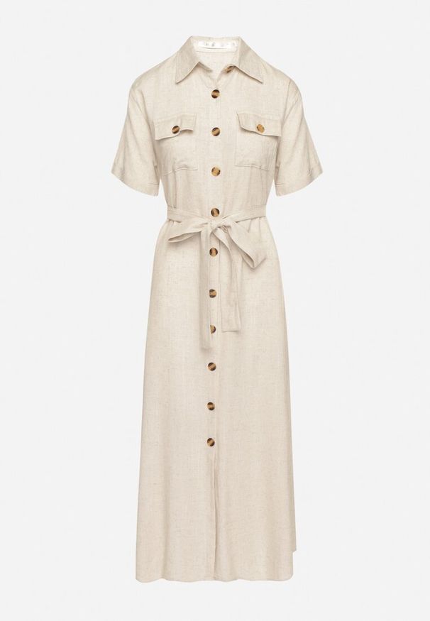 Born2be - Beżowa Sukienka Koszulowa z Materiałowym Paskiem z Lnu i Wiskozy Werilene. Okazja: na co dzień. Typ kołnierza: kołnierzyk klasyczny. Kolor: beżowy. Materiał: wiskoza, materiał, len. Sezon: lato. Typ sukienki: koszulowe. Styl: klasyczny, casual