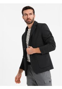 Ombre Clothing - Marynarka męska z podpinką z wysokim kołnierzem i kapturem – czarna V2 OM-BLZB-0133 - XXL. Typ kołnierza: kaptur. Kolor: niebieski. Materiał: syntetyk, poliester, dzianina, materiał. Wzór: aplikacja. Styl: elegancki