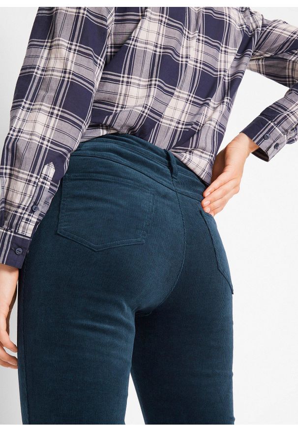 bonprix - Spodnie sztruksowe. Stan: obniżony. Kolor: niebieski. Materiał: sztruks