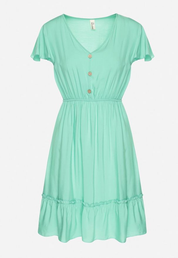 Born2be - Zielona Rozkloszowana Bawełniana Sukienka z Guzikami i Falbanami Natinema. Okazja: na co dzień. Typ kołnierza: dekolt w serek. Kolor: zielony. Materiał: bawełna. Sezon: lato. Styl: casual