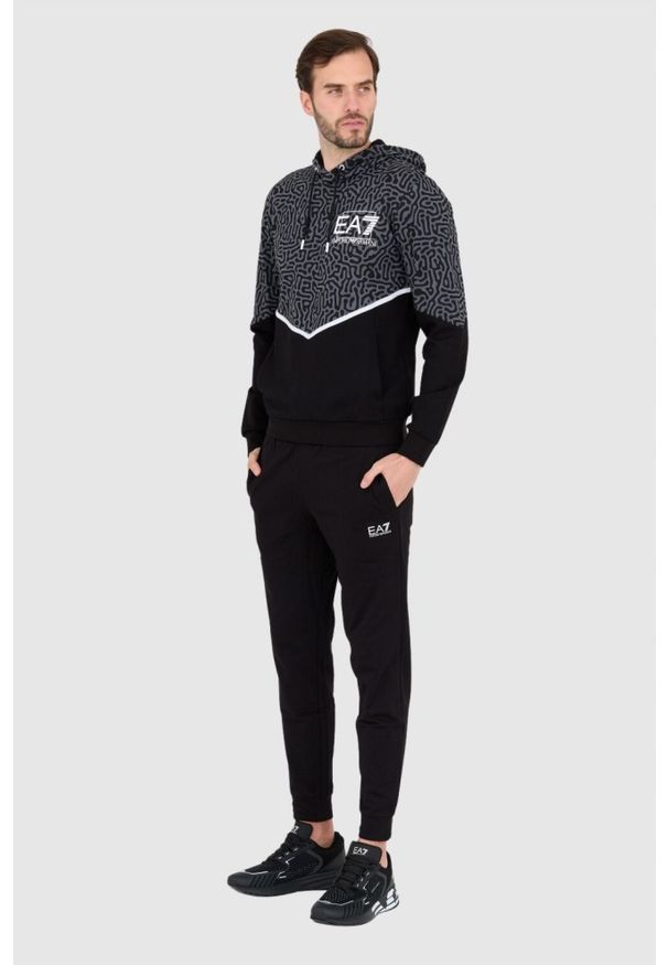 EA7 Emporio Armani - EA7 Męska czarno-szara bluza z kapturem w moro, Rozmiar M. Typ kołnierza: kaptur. Kolor: czarny. Wzór: moro