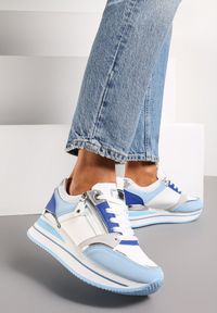 Renee - Niebieskie Sneakersy na Platformie z Metaliczną Lamówką i Brokatem Bivina. Kolor: niebieski. Wzór: aplikacja. Obcas: na platformie #2
