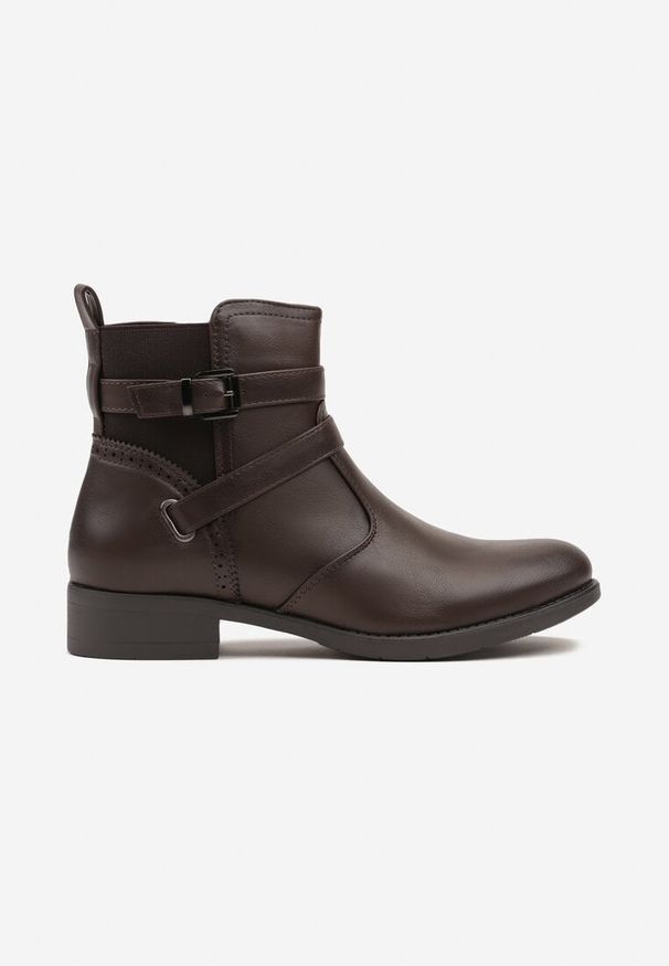 Born2be - Brązowe Botki Sztyblety Zdobione Paskami z Klamerkami Delrith. Okazja: na co dzień. Zapięcie: pasek. Kolor: brązowy. Materiał: jeans. Wzór: aplikacja. Obcas: na obcasie. Styl: elegancki, casual. Wysokość obcasa: średni