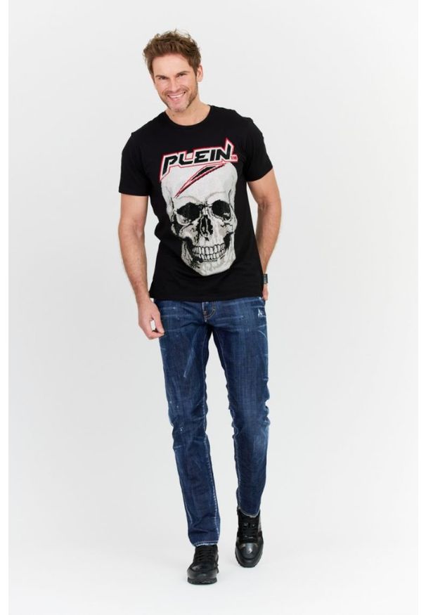 Philipp Plein - PHILIPP PLEIN Czarny t-shirt męski Platinum cut round neck space plein. Kolor: czarny. Materiał: prążkowany. Wzór: aplikacja