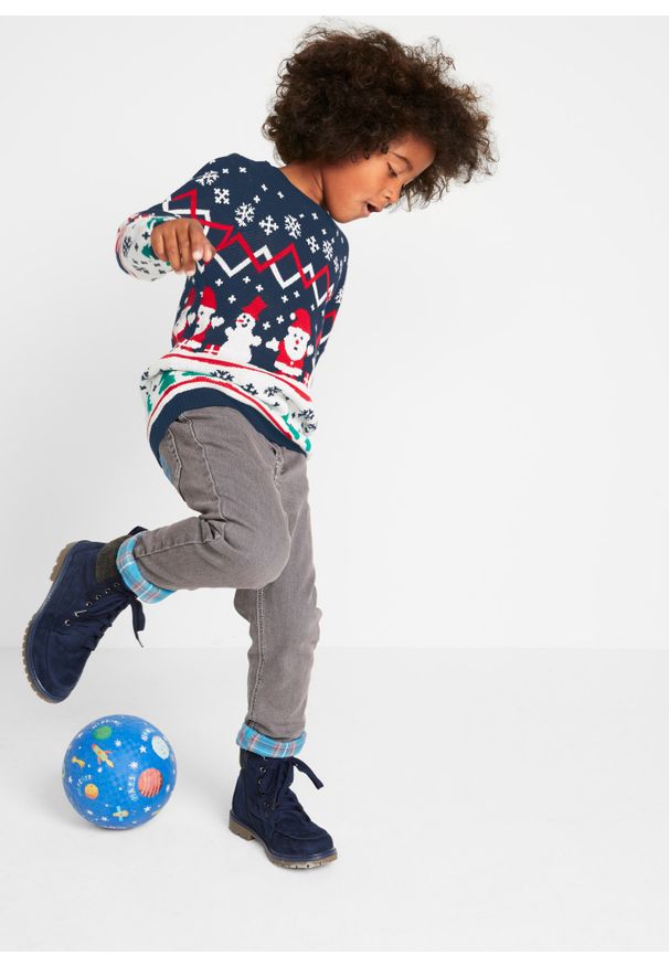 bonprix - Sweter dziecięcy bożonarodzeniowy z bawełny. Kolor: niebieski. Materiał: dzianina, bawełna, materiał. Sezon: zima