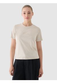 4f - 4F T-shirt regular z nadrukiem damski - beżowy L. Okazja: na co dzień. Kolor: beżowy. Materiał: bawełna, jersey, dzianina. Wzór: nadruk. Styl: sportowy, klasyczny, casual