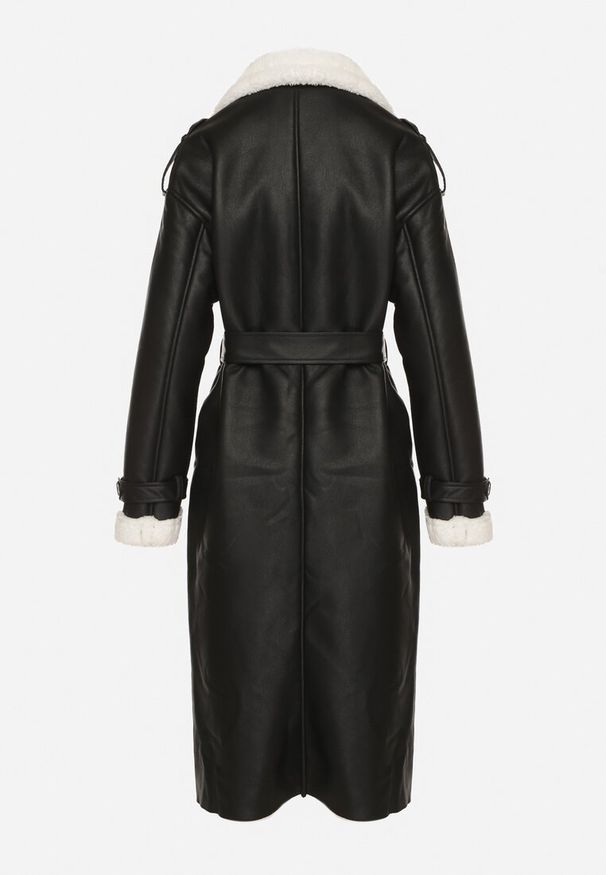 Born2be - Czarny Dwurzędowy Płaszcz z Imitacji Skóry z Wiązanym Paskiem i Futrem Guritte. Okazja: na co dzień. Typ kołnierza: golf. Kolor: czarny. Materiał: futro, skóra. Długość rękawa: długi rękaw. Długość: długie. Styl: elegancki, klasyczny, casual