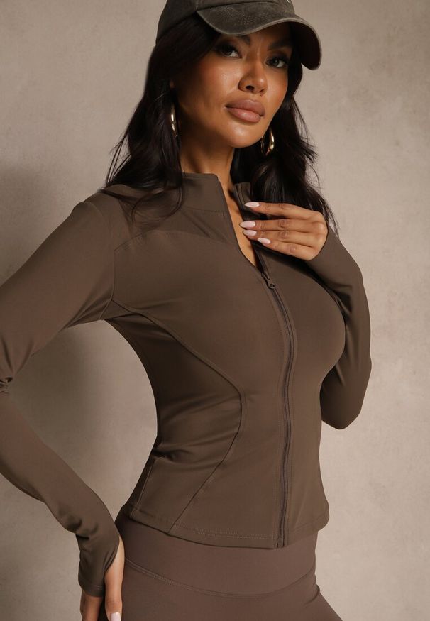 Renee - Brązowa Dopasowana Bluza w Sportowym Stylu na Suwak Veralia. Okazja: na co dzień. Kolor: brązowy. Materiał: jeans. Styl: sportowy