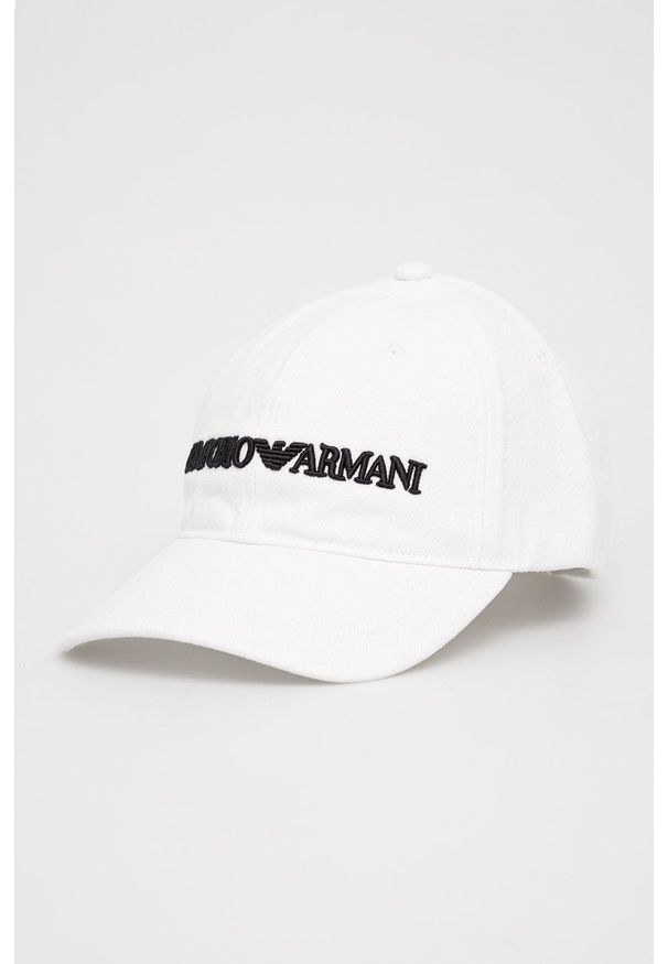 Emporio Armani Czapka bawełniana kolor biały z aplikacją. Kolor: biały. Materiał: bawełna. Wzór: aplikacja