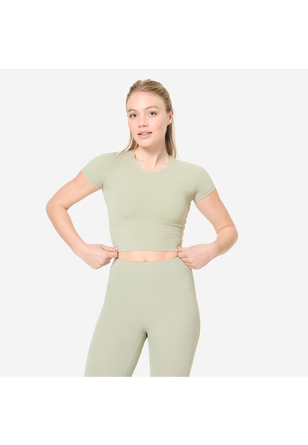 DOMYOS - Koszulka do jogi i pilatesu Breathe. Kolor: zielony. Materiał: materiał, poliamid, elastan. Sport: joga i pilates