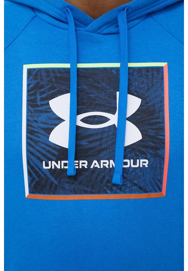 Under Armour bluza 1370349474 męska z kapturem z nadrukiem. Typ kołnierza: kaptur. Kolor: niebieski. Długość rękawa: raglanowy rękaw. Wzór: nadruk
