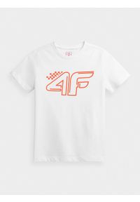 4f - T-shirt z nadrukiem chłopięcy. Kolor: biały. Materiał: bawełna, dzianina, materiał. Wzór: nadruk