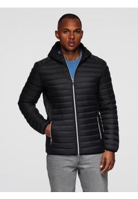 Ombre Clothing - Ultralekka kurtka puchowa męska z kapturem – czarna V1 - Rozmiar: M. Typ kołnierza: kaptur. Kolor: czarny. Materiał: puch. Wzór: aplikacja. Styl: sportowy, elegancki