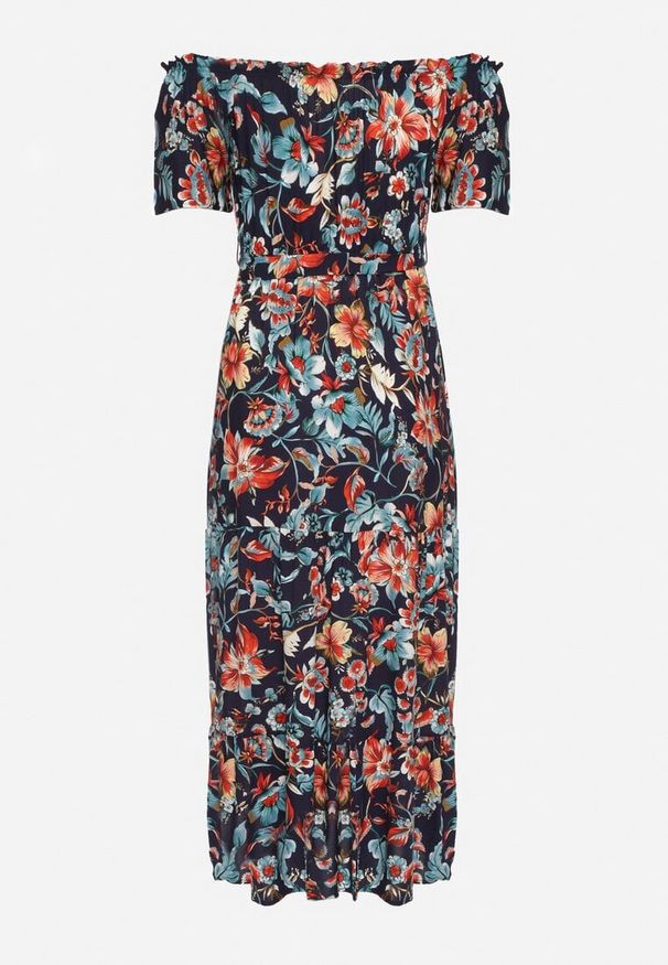 Born2be - Granatowo-Różowa Sukienka z Hiszpańskim Dekoltem z Wiązanym Paskiem w Kwiaty z Bawełny Rissanique. Okazja: na co dzień. Kolor: niebieski. Materiał: bawełna. Wzór: kwiaty. Sezon: lato. Typ sukienki: rozkloszowane. Styl: casual, elegancki