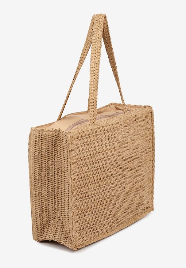 Born2be - Ciemnobeżowa Torebka Shopper z Plecionką i Ozdobnym Napisem Nilaura. Kolor: beżowy. Wzór: napisy. Styl: biznesowy, elegancki, casual