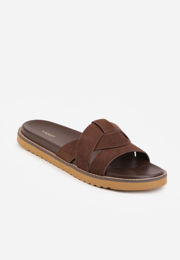 Renee - Ciemnobrązowe Klapki VICES z Geometryczną Cholewką Lorazeiros. Okazja: na co dzień. Kolor: brązowy. Materiał: jeans. Wzór: geometria. Sezon: lato. Obcas: na płaskiej podeszwie. Styl: casual