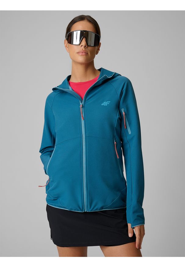 4f - 4F Kurtka softshell wiatroodporna damska - turkusowa L. Kolor: turkusowy. Materiał: softshell. Długość: długie. Sezon: lato. Sport: turystyka piesza