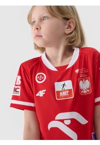 4f - 4F Koszulka replika wyjazdowa AMP Futbol dziecięca - czerwona 146/152 (10-12 lat). Kolor: wielokolorowy. Materiał: dzianina, włókno, materiał, syntetyk. Długość rękawa: raglanowy rękaw. Wzór: gładki, nadruk, ze splotem. Sezon: lato. Sport: piłka nożna