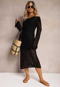 Renee - Czarna Sukienka Dzianinowa Midi w stylu Boho z Głębokim Dekoltem na Plecach Moralie. Okazja: na co dzień. Typ kołnierza: dekolt na plecach. Kolor: czarny. Materiał: dzianina. Długość rękawa: długi rękaw. Typ sukienki: proste. Styl: boho. Długość: midi #4