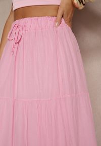 Renee - Różowa Rozkloszowana Spódnica z Bawełny z Wiązaniem i Gumką w Talii Miloreina. Kolor: różowy. Materiał: bawełna. Sezon: lato. Styl: elegancki #4