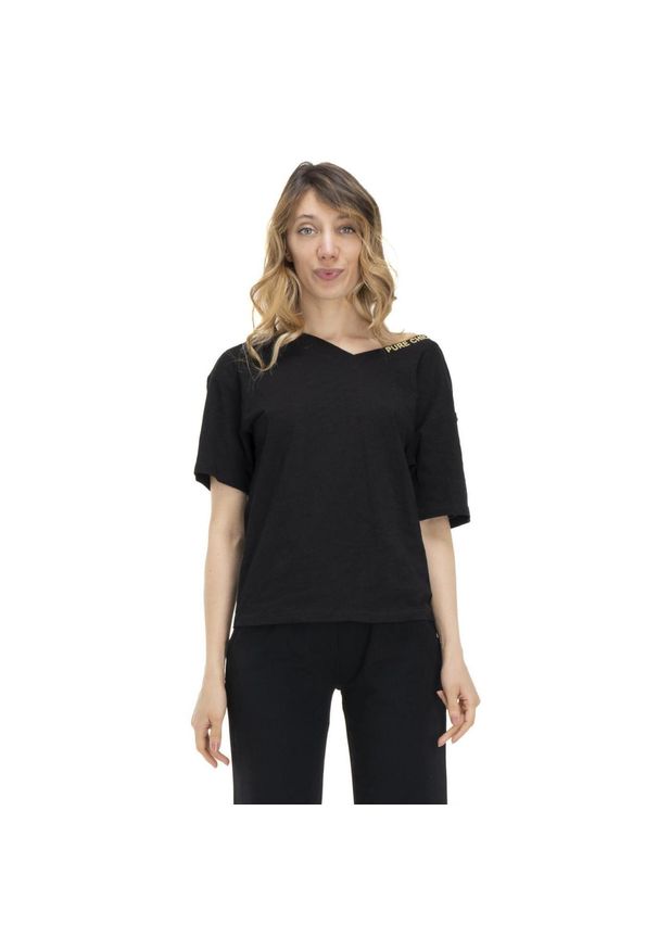 LEONE 1947 APPAREL - Damski T-shirt z dekoltem w kształcie litery V w kolorach ziemi. Typ kołnierza: dekolt w kształcie V. Kolor: czarny. Materiał: tkanina. Sport: fitness