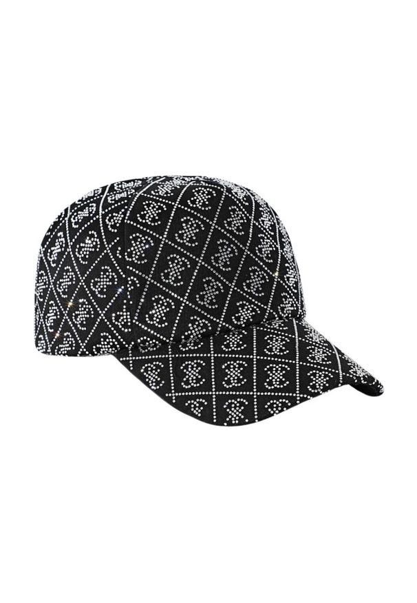 Guess - GUESS Czarna damska czapka z cyrkoniami. Kolor: czarny. Wzór: aplikacja