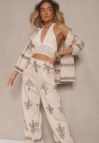 Renee - Beżowy Wiskozowy Komplet Boho Koszula i Spodnie z Haftowanym Zdobieniem Helhiris. Kolor: beżowy. Materiał: wiskoza. Wzór: aplikacja, haft #4