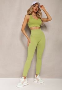 Renee - Jasnozielone Legginsy High Waist Prążkowane Push-Up Sunflowia. Okazja: na co dzień. Stan: podwyższony. Kolor: zielony. Materiał: prążkowany. Styl: casual