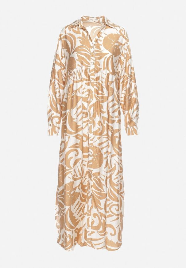 Born2be - Beżowa Sukienka Szmizjerka Zapinana na Guziki z Falbanką Lavernia. Okazja: na co dzień, na randkę. Typ kołnierza: dekolt w kształcie V, kołnierz z falbankami. Kolor: beżowy. Materiał: wiskoza, materiał, jeans. Długość rękawa: długi rękaw. Typ sukienki: szmizjerki. Styl: elegancki, klasyczny, casual