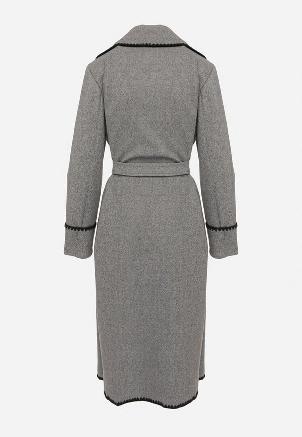 Born2be - Szary Płaszcz z Kontrastowymi Obszyciami o Szlafrokowym Kroju z Wiązanym Paskiem Norenamia. Okazja: na spacer, na spotkanie biznesowe, na co dzień. Kolor: szary. Długość rękawa: długi rękaw. Długość: długie. Styl: casual, biznesowy