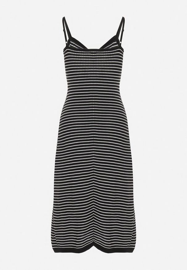 Born2be - Czarno-Biała Sukienka na Regulowanych Ramiączkach z Marszczonym Dekoltem w Paski Fialea. Okazja: na co dzień, na randkę. Typ kołnierza: dekolt w serek. Kolor: czarny. Długość rękawa: na ramiączkach. Wzór: paski. Styl: casual, klasyczny, elegancki