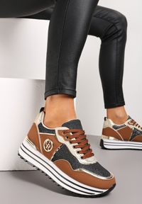 Renee - Brązowe Sneakersy na Platformie z Brokatem na Cholewce Hlemma. Kolor: brązowy. Szerokość cholewki: normalna. Wzór: aplikacja. Obcas: na platformie #1