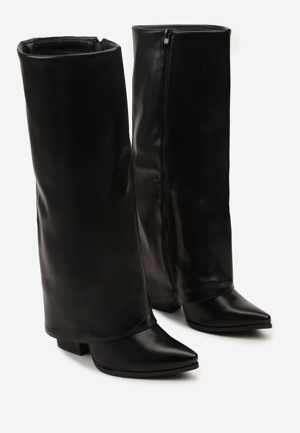 Born2be - Czarne Kozaki Typu Kowbojki na Stożku z Wywiniętą Cholewką Nalloria. Okazja: na co dzień. Kolor: czarny. Szerokość cholewki: normalna. Obcas: na stożku. Styl: klasyczny, casual. Wysokość obcasa: średni