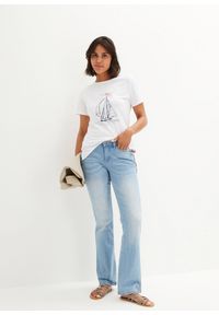 bonprix - T-shirt bawełniany z rozcięciem z boku i nadrukiem. Kolor: biały. Materiał: bawełna. Długość: długie. Wzór: nadruk