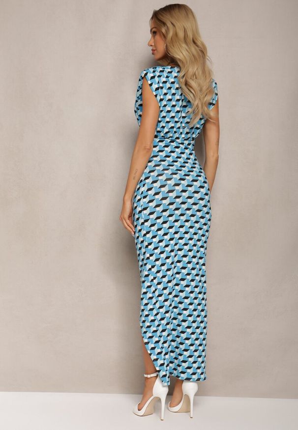 Renee - Niebiesko-Czarna Dopasowana Sukienka Maxi z Marszczeniem i Rozcięciem Kalalia. Kolor: niebieski. Wzór: aplikacja. Długość: maxi