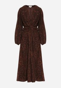 Born2be - Brązowa Sukienka z Marszczeniem i Rozcięciem na Nogę Zobella. Okazja: na co dzień. Kolor: brązowy. Typ sukienki: proste. Styl: casual #7