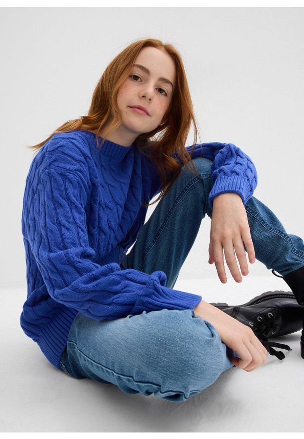 bonprix - Sweter we wzór w warkocze,. Kolor: niebieski