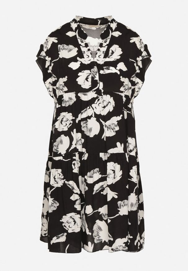 Born2be - Czarna Bawełniana Sukienka o Kroju Oversize w Kwiaty Liralea. Okazja: na co dzień, na spacer. Kolor: czarny. Materiał: bawełna. Wzór: kwiaty. Typ sukienki: oversize. Styl: casual, klasyczny