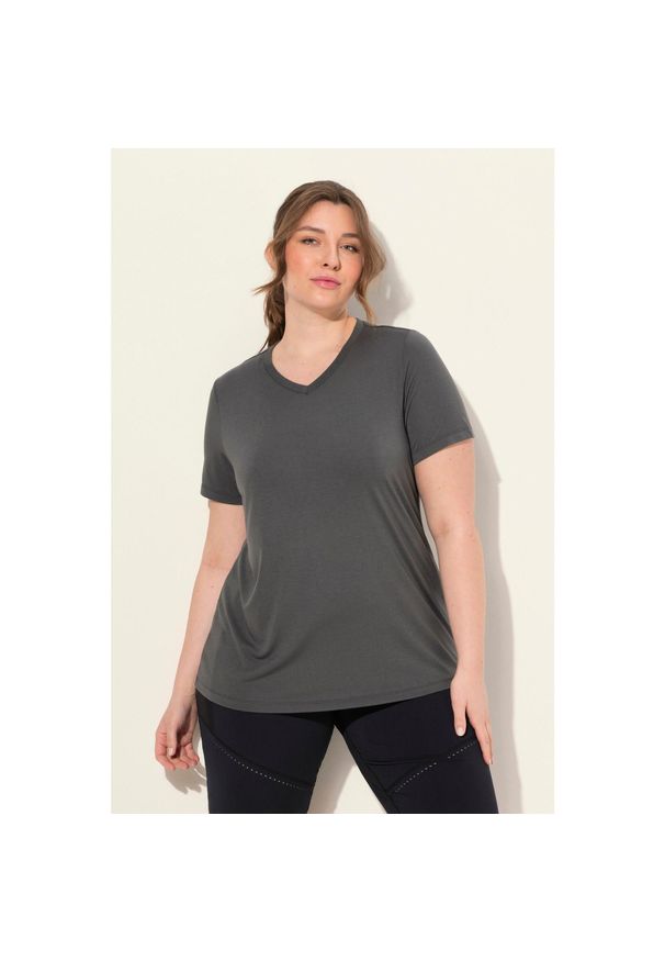 ULLA POPKEN - Damskie Bluzka funkcyjna antybakteryjny materiał dekolt w serek rękaw 1/2. Typ kołnierza: dekolt w serek. Kolekcja: plus size. Kolor: szary, fioletowy, wielokolorowy. Materiał: wiskoza, poliester, materiał