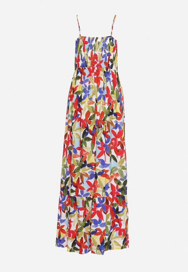 Born2be - Biało-Czerwona Wiskozowa Sukienka na Ramiączkach z Kopertowym Dekoltem i Gumką w Talii z Tiamalen. Okazja: na co dzień, na imprezę. Typ kołnierza: dekolt kopertowy. Kolor: biały. Materiał: wiskoza. Długość rękawa: na ramiączkach. Wzór: aplikacja. Typ sukienki: kopertowe. Styl: elegancki, klasyczny, casual, wizytowy